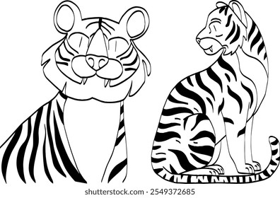 Tiger Line Art Icon. Vector Hand Drawn Black Line Doodle Illustration