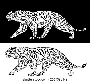 tiger line art with swirl and line art doodle 