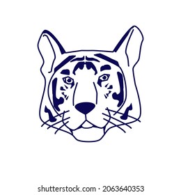 Tiger from lines on a white background. Funny black and white tiger. Simple vector image of a tiger head.