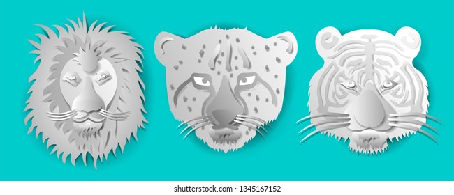 
tiger lion cheetah, three forest rulers, paper art vector