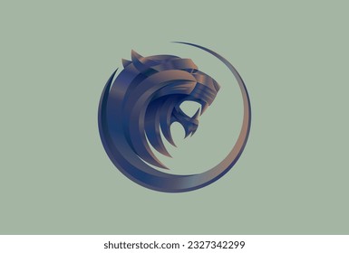 Tiger or lion head profile portrait, vector logotype, circle 3D style sign