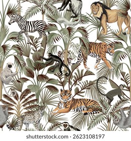 Tiger, lion, monkey, lemur, zebra animal, tropical palm tree, banana leaves, plant floral seamless pattern white background. Exotic botanical jungle wallpaper.