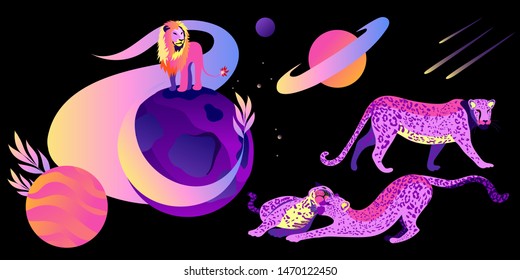 A tiger and a lion neon colors. Fashionable illustration of a wild cat