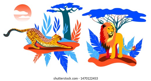 A tiger and a lion neon colors. Fashionable illustration of a wild cat