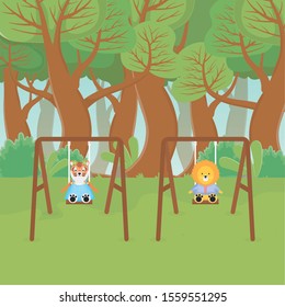 tiger and lion playing on the swing forest fantasy fairy tale vector illustration
