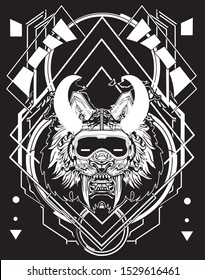 tiger lion sabertooth robot cyberpunk black white with sacred geometry background