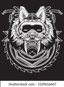 tiger lion sabertooth robot cyberpunk black white with sacred geometry background