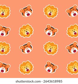 Tiger and lion seamless pattern. Cute animal illustration. Can be used for wallpaper, paper wrapping, fashion fabric and kid decoration