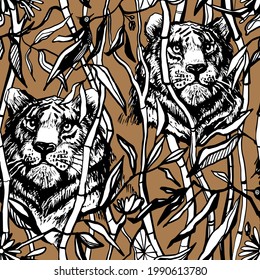 Tiger and lion seamless pattern. Exotic jungle brown background with drawn tropical bamboo leaves and trees. Black line art vector illustration. Trendy tigers and lions print texture.