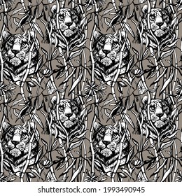 Tiger and lion seamless pattern. Exotic jungle brown background with drawn tropical bamboo leaves and trees. Black line art vector illustration. Trendy tigers and lions camouflage print texture.