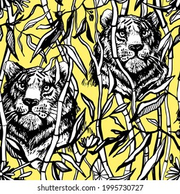 Tiger and lion seamless pattern. Exotic jungle yellow background with drawn tropical bamboo leaves and trees. Black line art vector illustration. Trendy tigers and lions print texture.