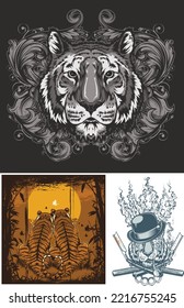 Tiger and Lion Vector Tattoo Illustration with aesthetic Illusion 