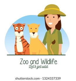 tiger and lion wild animal with safari woman