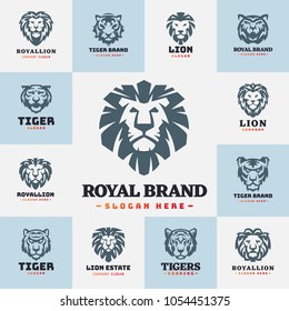 Tiger and lions face logo badge strength predator power wildcat vector illustration.