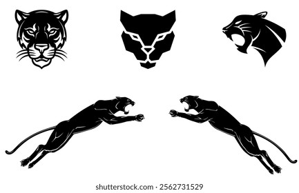 Tiger and lions vector head face silhouette badge strength predator power wildcat illustration power animal set of animals logos, vector logo, safari animal illustration, vector logo set,