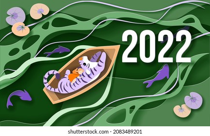 Tiger and little girl in boat float on river with fishes. New year 2022 calendar card. Paper cut style. Vector illustration