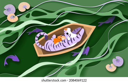 Tiger and little girl in boat float on river with fishes. Paper cut craft style. Vector illustration