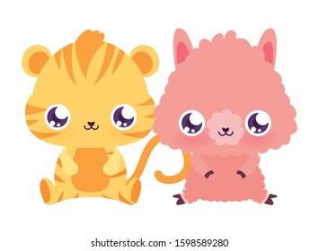 tiger and llama design, Kawaii animals expression cute character funny and emoticon theme Vector illustration