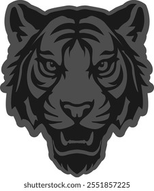 Tiger logo in black and gray colors. Tiger patch and print. Roaring tiger head in black and gray colors icon.