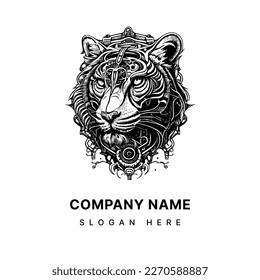 tiger logo depicted in a Steampunk style, with intricate mechanical details and gears giving it a unique and captivating appearance