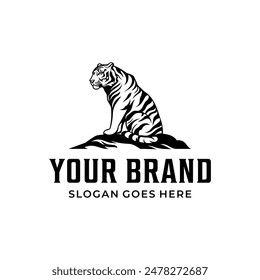 Tiger Logo Design Illustration. Vector Pictogram Logo Outline of a Tiger Sitting on a Rock in Black and White.