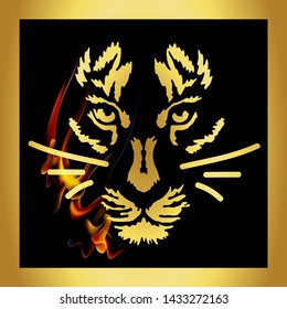 tiger logo design, Lion Head Logo Template, Strong and dashing Lion Face, Brand Identity, Emblem sticker with fire bacground, angry tiger, Vector illustration of wild animal tattoo style