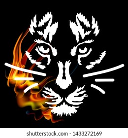 tiger logo design, Lion Head Logo Template, Strong and dashing Lion Face, Brand Identity, Emblem sticker with fire bacground, angry tiger, Vector illustration of wild animal tattoo style