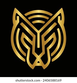 Tiger Logo-Emblem-Maskottensymbol für Business- oder Shirt-Design einzeln auf schwarzem Hintergrund. Head-Tiger-Vektorgrafik. Tiger Logo Design. Gold. Symbol. Wildes Leben. Tier. Tattoo Schild. 