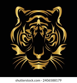 Tiger logo emblem template mascot symbol for business or shirt design isolated on black background. Head tiger vector illustration. Tiger logo design. Gold. Icon. Wild life. Animal. Tattoo sign. 