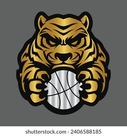 Tiger logo emblem template mascot symbol for business or shirt design isolated on black background. Head tiger vector illustration. Tiger logo design. Gold. Icon. Wild life. Animal. Tattoo sign. 