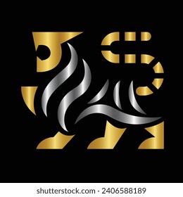 Tiger logo emblem template mascot symbol for business or shirt design isolated on black background. Head tiger vector illustration. Tiger logo design. Gold. Icon. Wild life. Animal. Tattoo sign. 