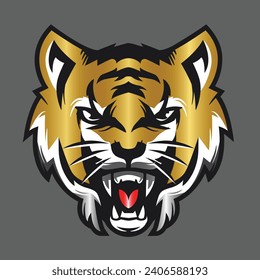 Tiger logo emblem template mascot symbol for business or shirt design isolated on black background. Head tiger vector illustration. Tiger logo design. Gold. Icon. Wild life. Animal. Tattoo sign. 