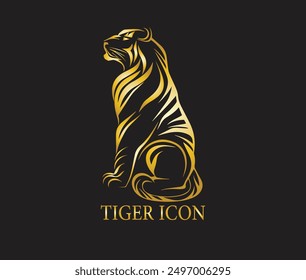 Tiger logo emblem template mascot symbol for business or shirt design isolated on black background. Head tiger vector illustration. Tiger logo design. Gold. Icon. Wild life. Animal. Tattoo sign.