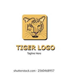 Tiger logo line art vector illustration with dummy text on white isolated background.