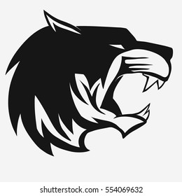 Tiger logo. Mascot head, wild animal portrait emblem, predator face silhouette, Hand drawn Emblem t-shirt design. Vector