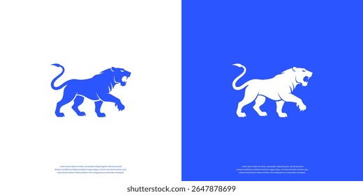 Tiger logo template. Agressive predator icon silhouette isolated on blue and white background. Vector illustration.
