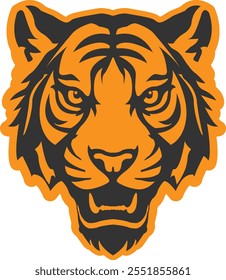 Tiger logo in two colors. Tiger patch and print. Roaring tiger head in black and orange colors icon.