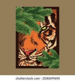 a tiger looks out from under the fir branches