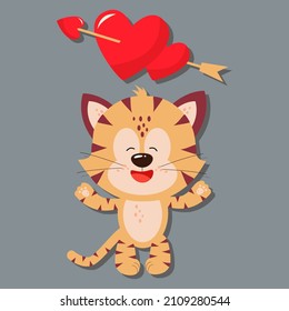 A tiger in love and hearts with an arrow. Day of love. valentine's day. A greeting card with a declaration of love. A flat vector image on a gray background.