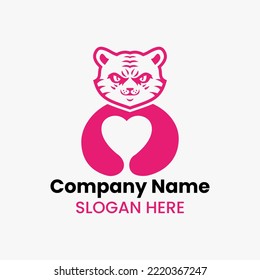 Tiger Love Logo Negative Space Concept Vector Template. Panther Holding Heart Symbol