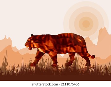 tiger in the low poly style, isolated against the background of a flat landscape and the sun, for decoration and posters