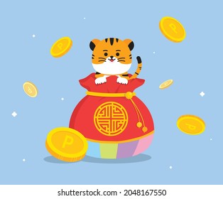 with a tiger in a lucky bag illustration set. New Year, tiger, coin, point, lucky bag. Vector drawing. Hand drawn style.