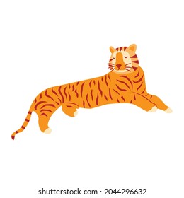 Tigre está mintiendo. Noble animal salvaje a rayas, rápido y ágil. Ilustración aislada de vector colorido dibujada a mano. Año del tigre