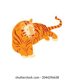 Tiger is lying. Noble wild striped feline, fast and agile animal. Colorful vector isolated illustration hand drawn. Year of the tiger