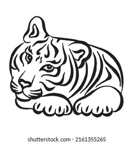 Tiger lying on front legs. Cute animal tiger black and white drawing isolated on white. Linear drawing. Calligraphy image. Black and white line art. Vector.Tattoo design.