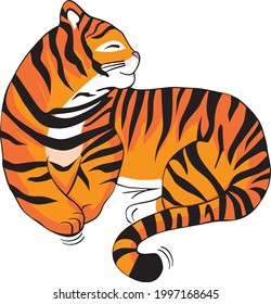 Tiger lying on its side, wild animal illustration, big tabby cat, sticker for children, cartoon predator, drawn tiger cub, closed eyes, animal from the zoo, cute baby picture, safari fauna