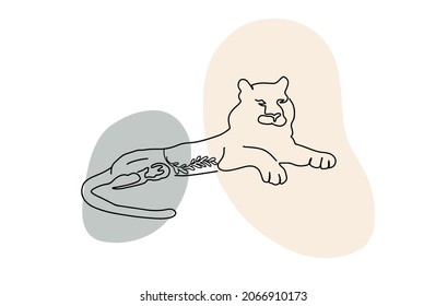 El tigre está mintiendo. Arte de línea abstracta de gato salvaje con elementos florales. Ilustración moderna. Diseño artístico de carteles en la pared. Chino de Año Nuevo 2022 Mínimos de símbolos para la impresión de camisetas