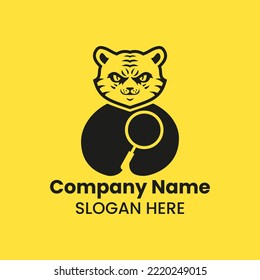 Tiger Magnifying Logo Negative Space Concept Vector Template. Panther Holding Zoom Symbol