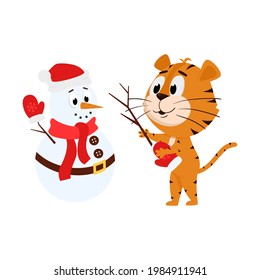 A tiger makes a snowman. Cute cartoon character. The tiger is the symbol of the year 2022. Vector illustration for children. Isolated on a white background.