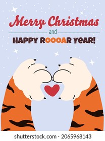 Tiger making heart sign with his paws.Merry Christmas and happy roar year. Vector illustration in flat cartoon style for greeting card,printable products.